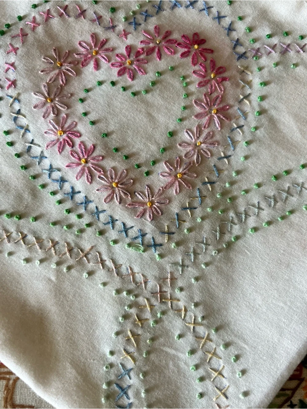 Vintage Embroidered Heart Motif Linen Square - Pastel Pink & Green 17”